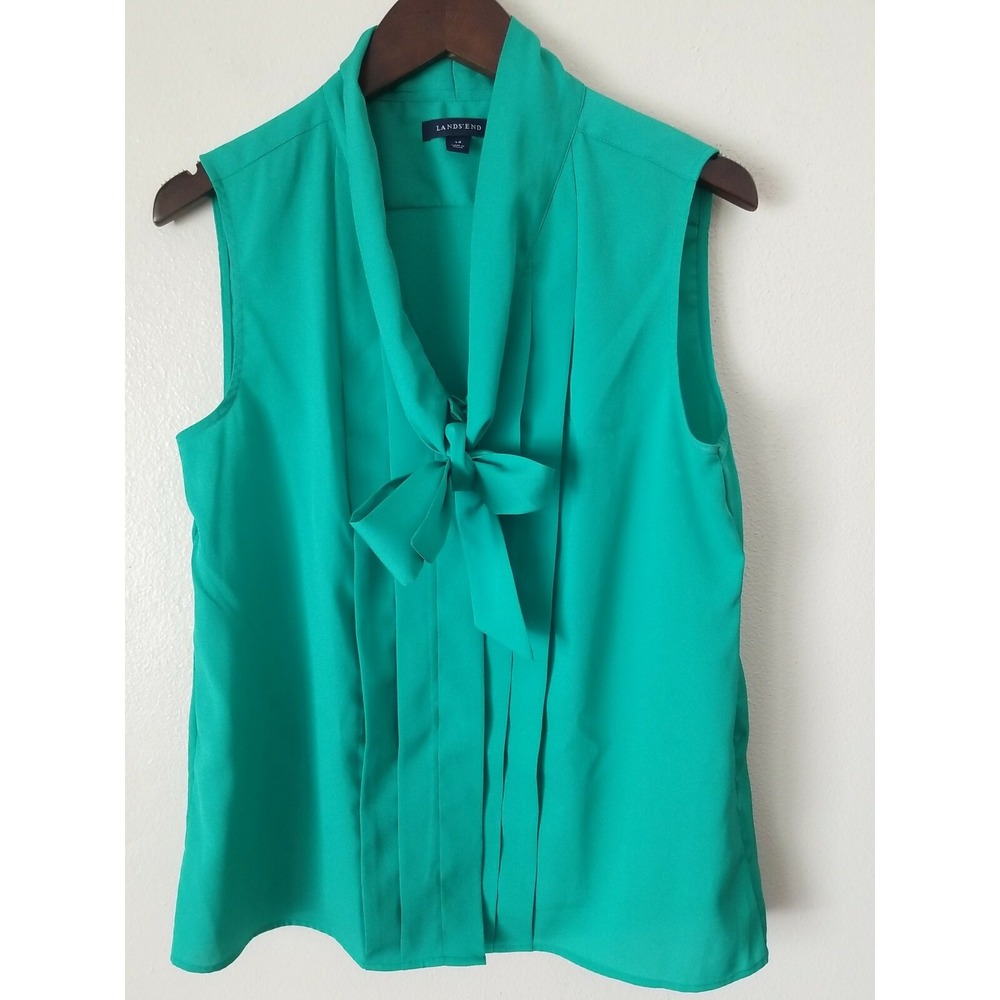 LANDS' END Green Sleeveless Button Down Shirt w/ Neck Tie Detail Size 14